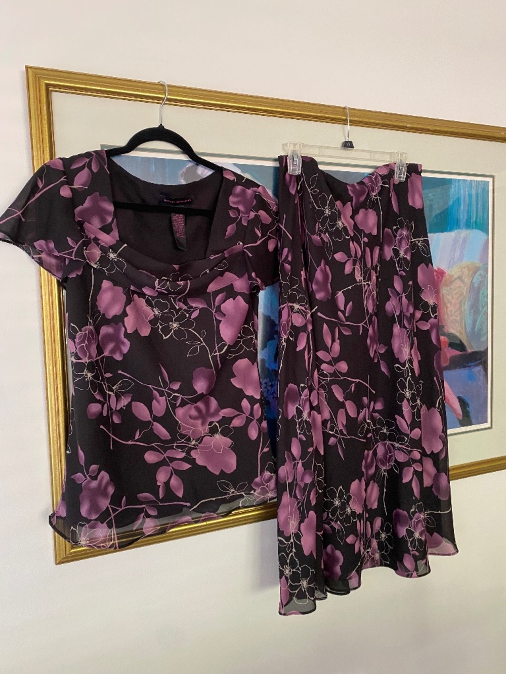 Vintage y2k Purple Black Floral Chiffon Skirt Set Boho Fairy Size 10 Tall